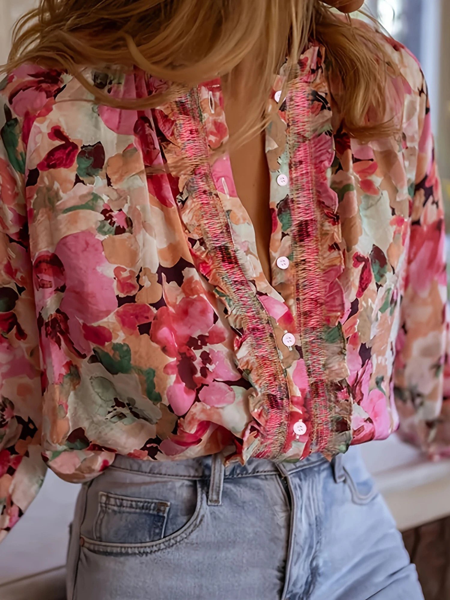 Floral Ruffle Button Blouse